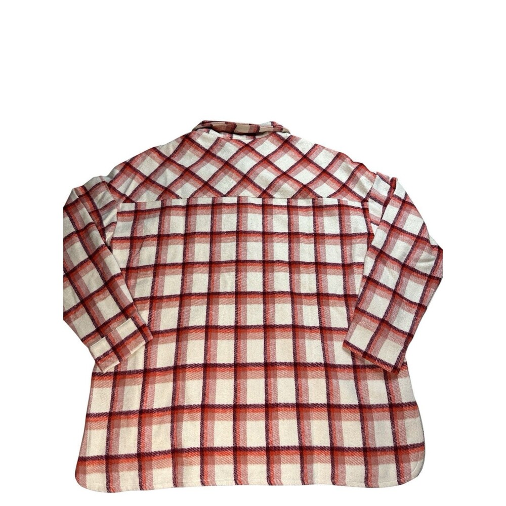 Cream Burgundy Plaid Shacket Flannel Button Front Long Sleeve Medium Streetwear - Picture 8 of 9